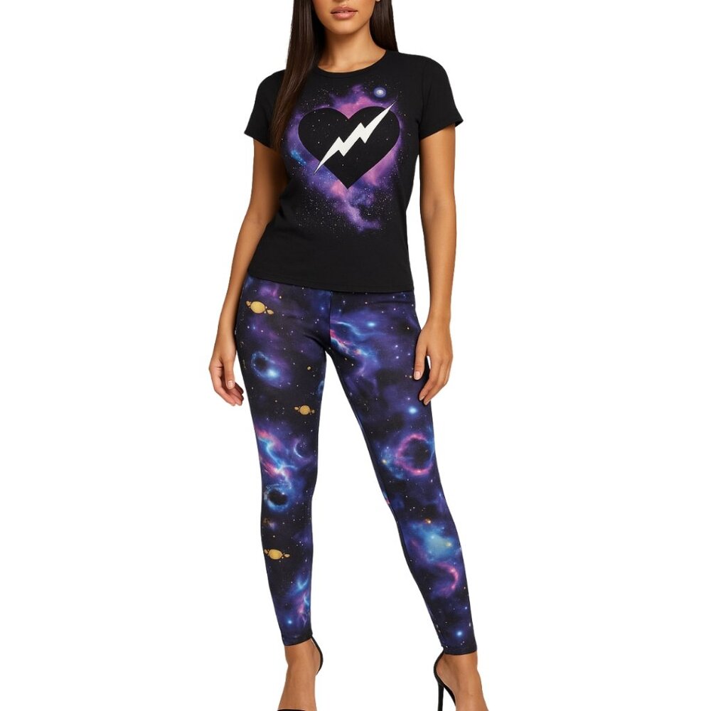 GALAXY Print 2-Piece Matching Outfit Co-ord T-Shirt + Stretch Leggings Set - NEW